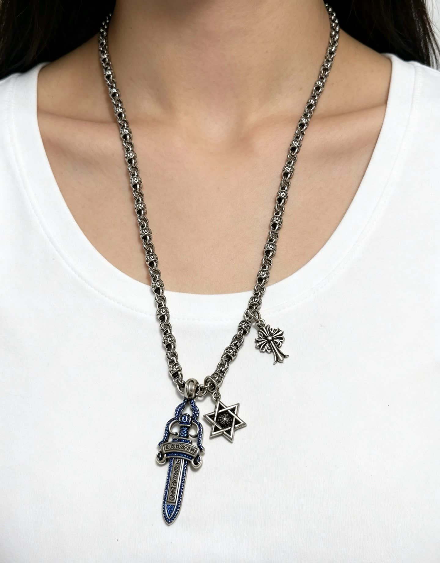 Chrome Hearts Silver Chain with Sword, Star of David, and Cross Charms
